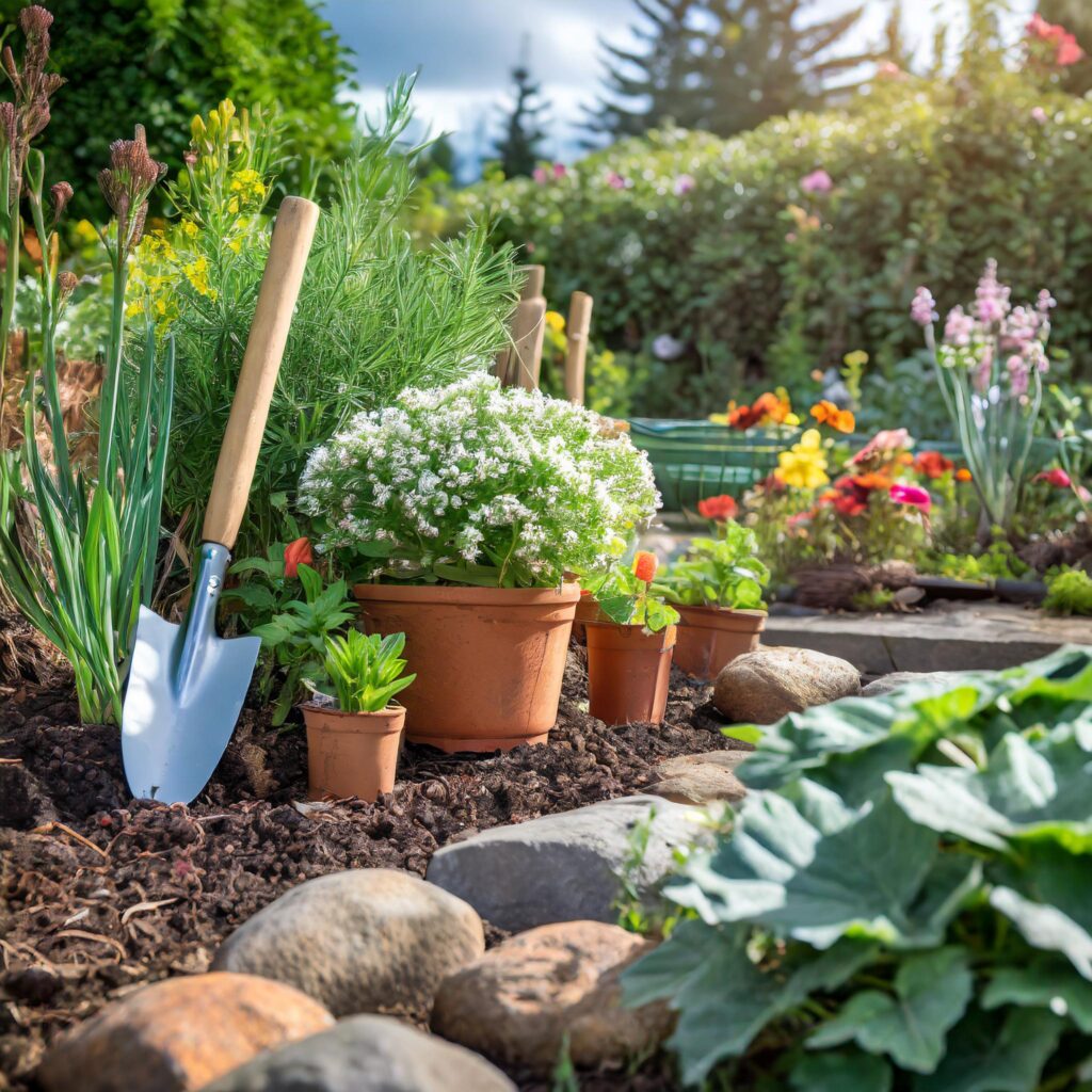 Close up of a section of a garden showing blooming flowers and a spade.