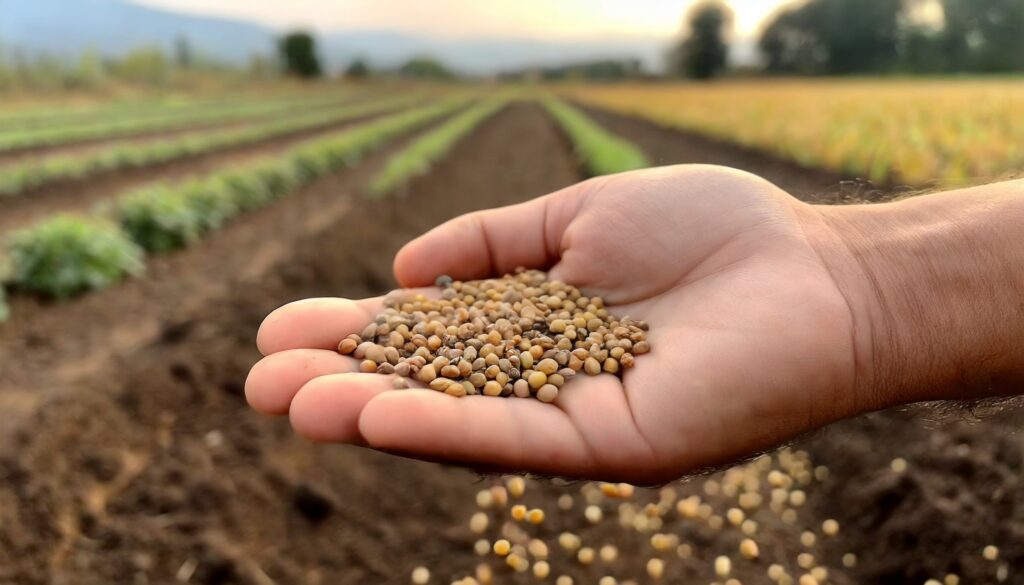 a hand holding seeds with a focus on the seeds with green crops in the background