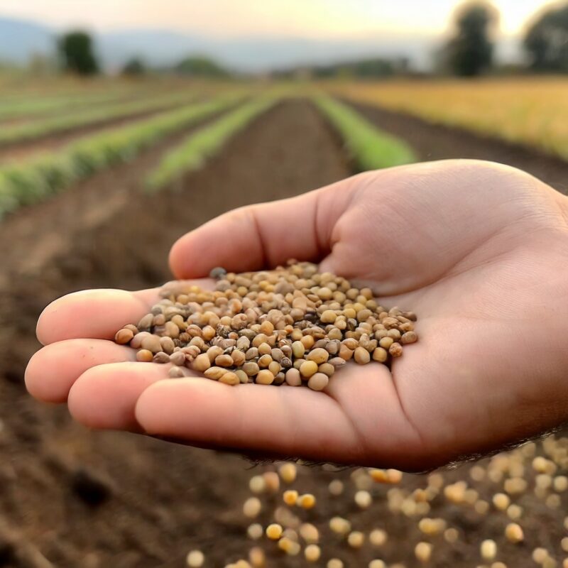 a hand holding seeds with a focus on the seeds with green crops in the background